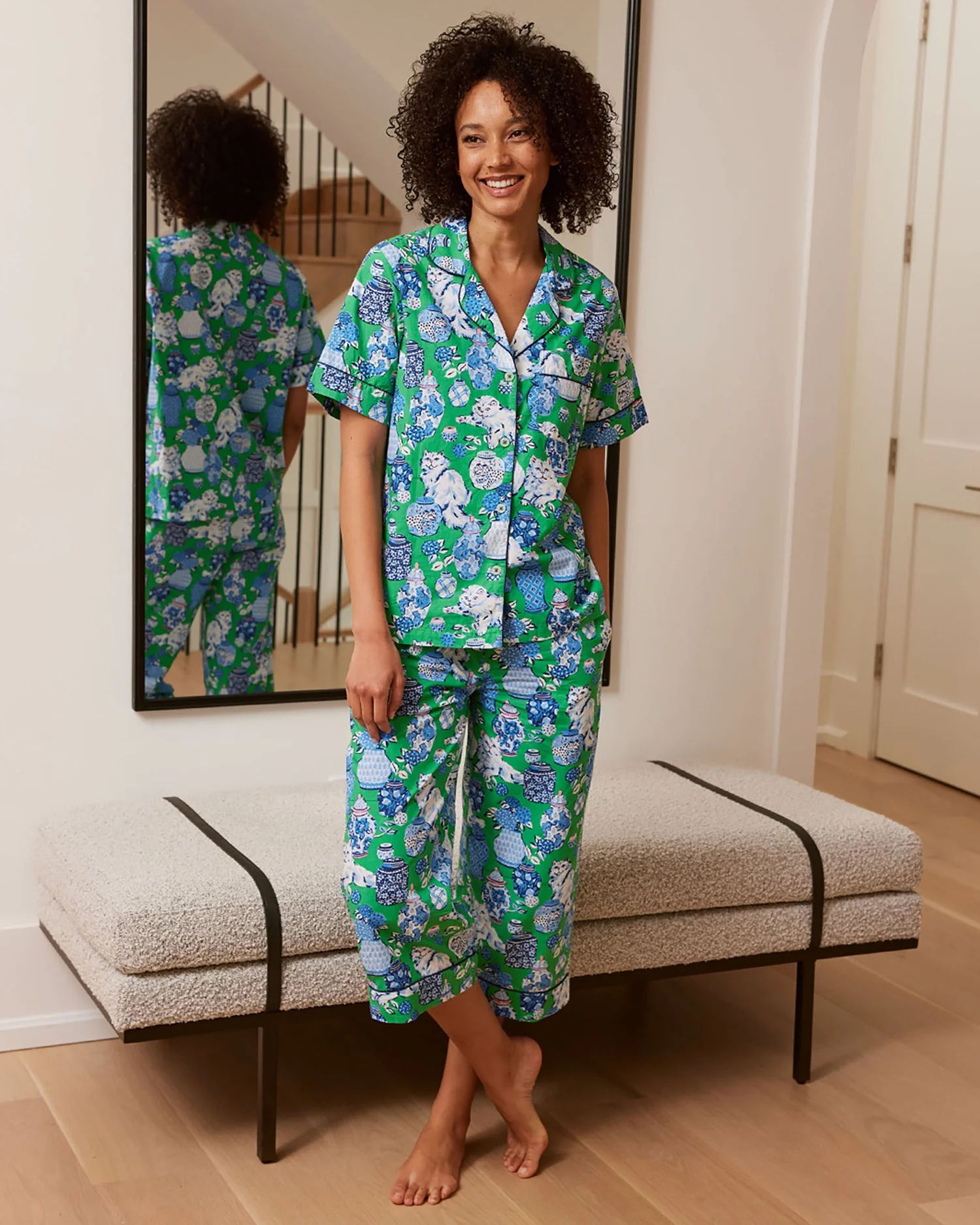 Fancy Cat - Short Sleeve Top &amp; Cropped Pajama Pants Set - Green Juice | Printfresh