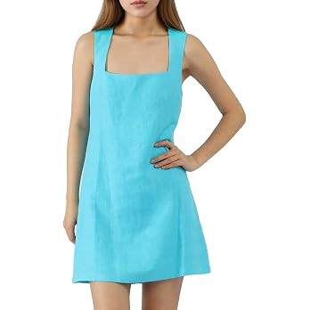 CLSEN Women's 100% Linen Square Neck Sleeveless Mini Dress Tailored Fit with Lining A-Line Summer... | Amazon (US)