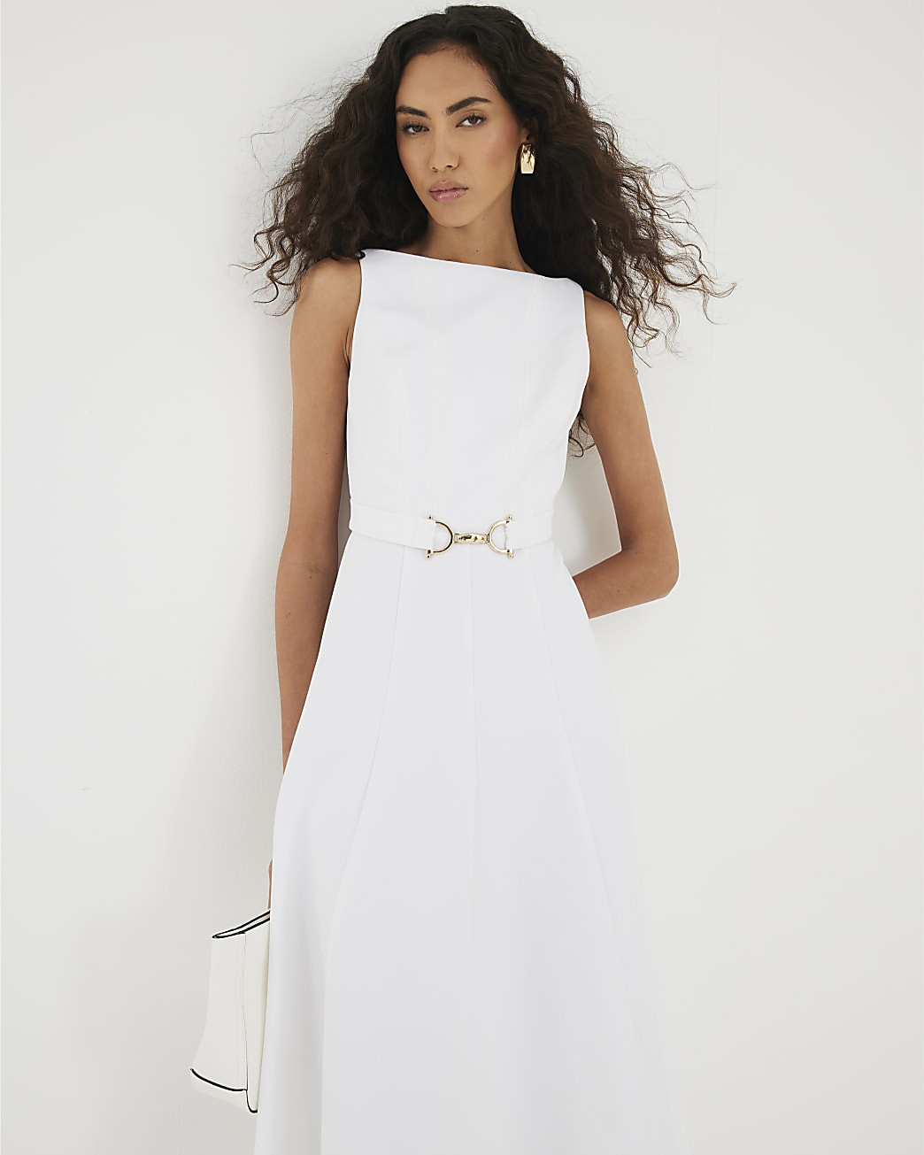 White Boat Neck Sleeveless Belted Midi Dress | River Island UK & IE