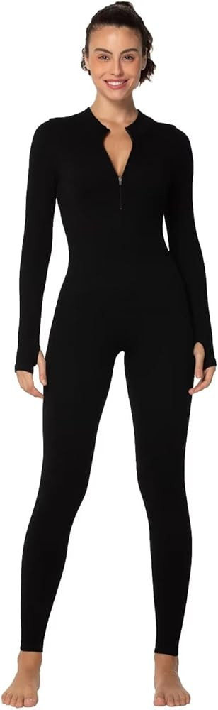 Sunzel Long Sleeve Jumpsuits for Women, Ribbed One Piece Casual Yoga Workout Zip Front Bodycon, L... | Amazon (US)