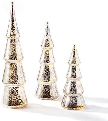 Mercury Glass Christmas Tree Decoration - Set of 3 Assorted Trees with Fairy Lights, 10 Inch Tall... | Amazon (US)
