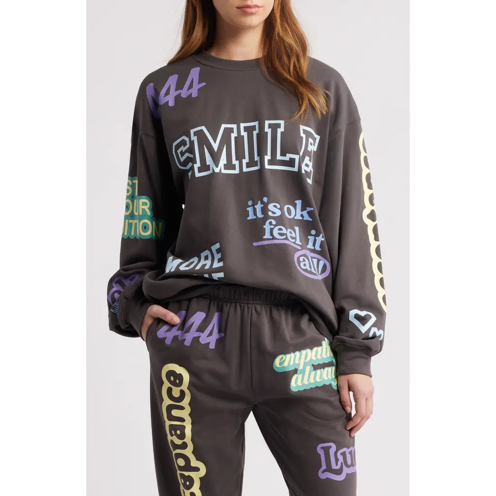 THE MAYFAIR GROUP Affirmations French Terry Graphic Sweatshirt in Charcoal at Nordstrom, Size Large | Nordstrom