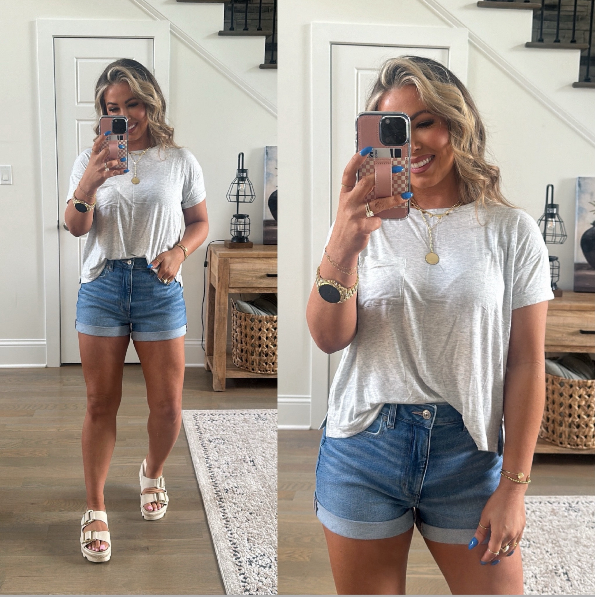 Casual everyday OOTD! The perfect every day basic and these denim shorts are hands-down the best fit! I am in a size 6 shorts and medium top! I am 5’4” 145 pounds #casualoutfit #summeroutfit #everydaycasual #denimshorts #americaneagle