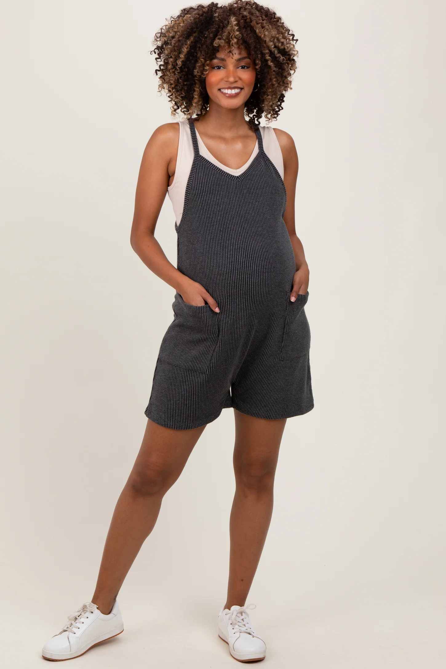 Black Solid Ribbed V-Neck Sleeveless Front Pocket Maternity Romper | PinkBlush Maternity