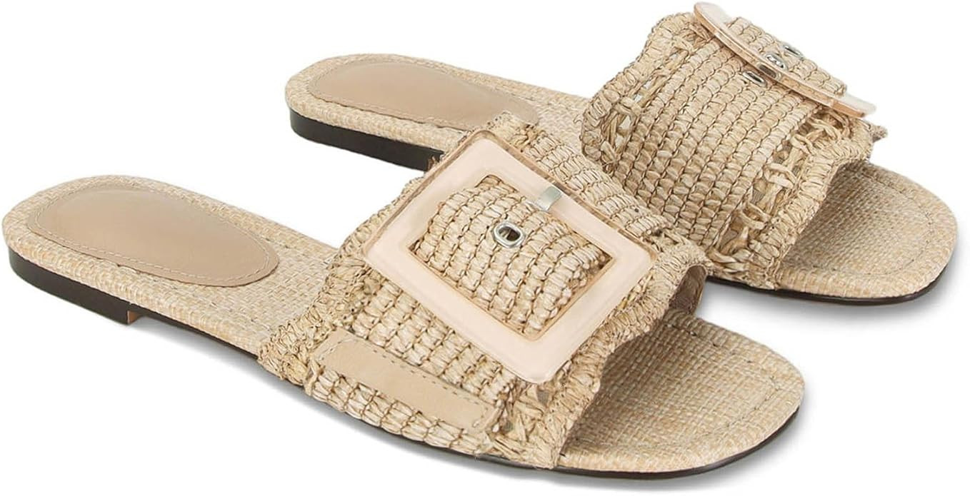 Raffia Sandals for Women Buckle Straw flats Woven Braided Rattan Slides Summer Beach Sandals Comf... | Amazon (US)