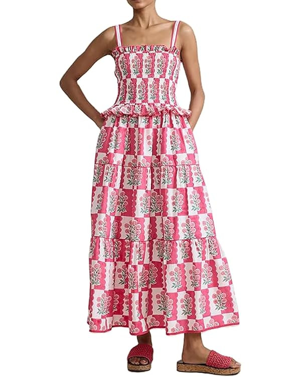 Women Summer Smocked Flowy Dress Spaghetti Strap Square Neck Floral Dress Ruffle Patchwork Boho A... | Amazon (US)