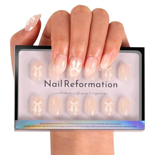 Nail Reformation Press On Nails, Silk Bow | Ivory Extra Short Round False Nails with 3D Bow Accents, Acrylic Salon Quality Reusable Stick On Nails Kit - 32 Pcs in 16 Sizes, Manicure Gifts for Women | Amazon (US)