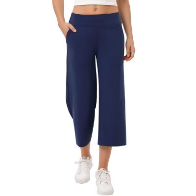 Coolmee Cropped Pants for Women Wide Leg Yoga Pants with Pockets Loose Casual Crop Sweatpants Navy Blue S | Target