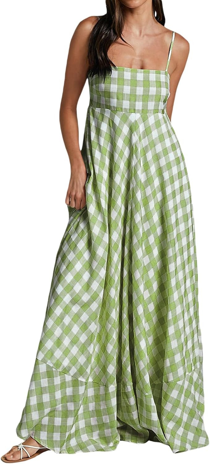 Women Gingham Maxi Dress Sleeveless Flowy Ruffle Checkered Long Dresses Spaghetti Strap Plaid Mid... | Amazon (US)