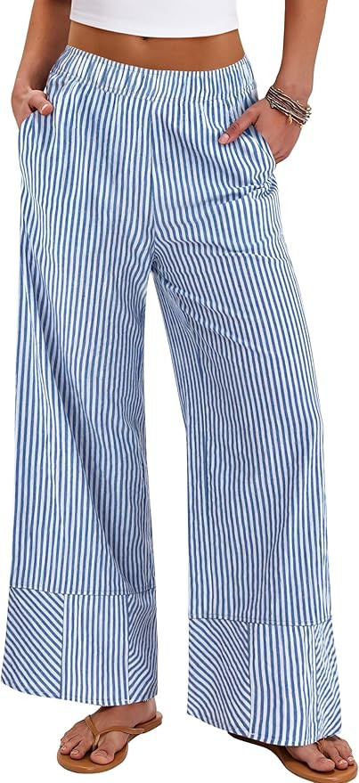 ANRABESS Womens Gingham Pants Checkered Plaid Striped Boxer Wide Leg Palazzo Pants Lounge PJ Bott... | Amazon (US)