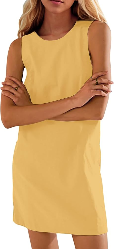 Burtell Women Casual Sleeveless Open Back Mini Shift Dress Tunic Scoop Neck Tank Short Cotton Lin... | Amazon (US)