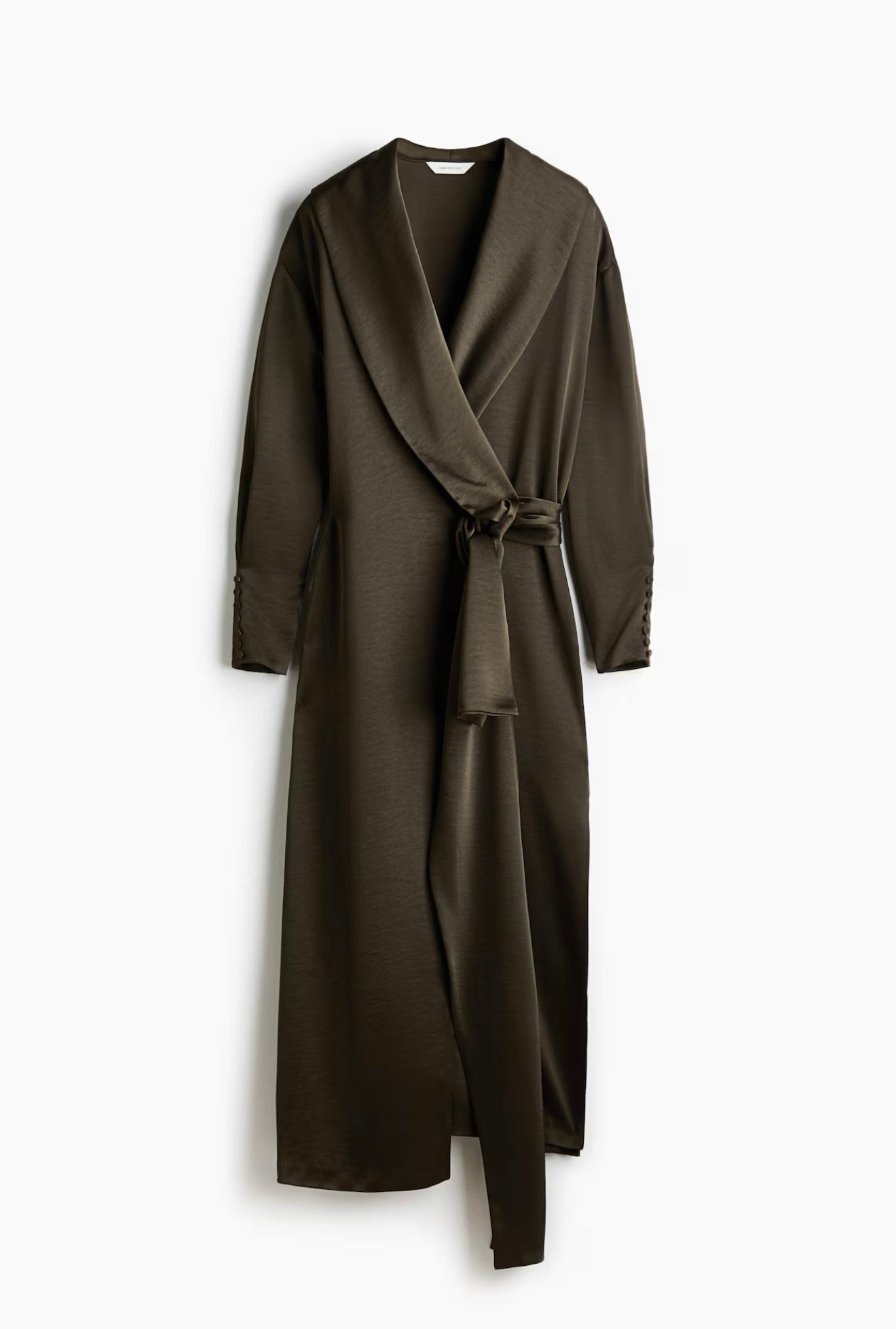 Loose-fit, ankle-length dress in softly draped satin. Open front with shawl lapels extending to waist as wide ties. Dropped shoulders, long sleeves, and close-fitting cuffs with covered buttons. Straight-cut hem with a high slit at sides. Unlined.

#LTKpartywear #LTKwinter #LTKcanada