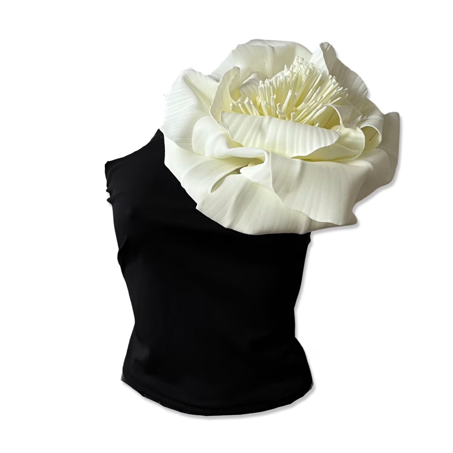 Black One Shoulder Top With White Flower Pin | Wolf & Badger