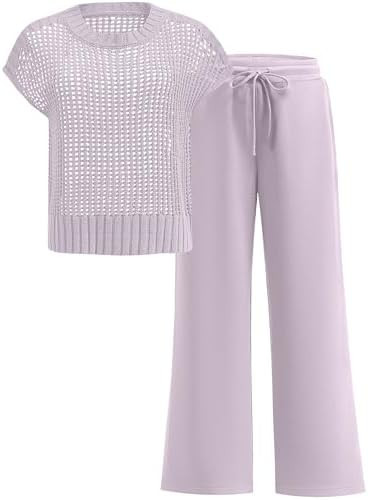 ANRABESS Women Two Piece Outfits Crochet Sheer Knit Sweater Top Wide Leg Pants Lounge Matching Se... | Amazon (US)