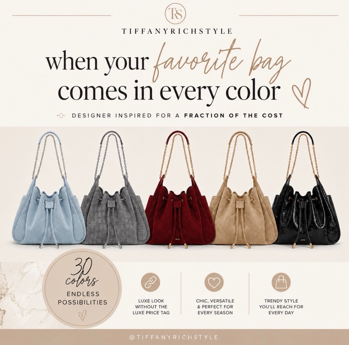 When your favorite bag comes in 30 colors!!!

This is the kind of bag that gives designer energy without the designer price tag.

Chic, roomy and easy to style from workdays to weekends

The hardest part is choosing just ONE color!
