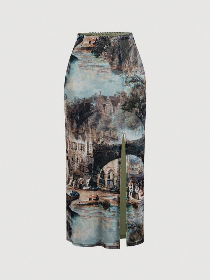 SHEIN MOD Vintage Oil Painting Print Split Hem Skirt | SHEIN