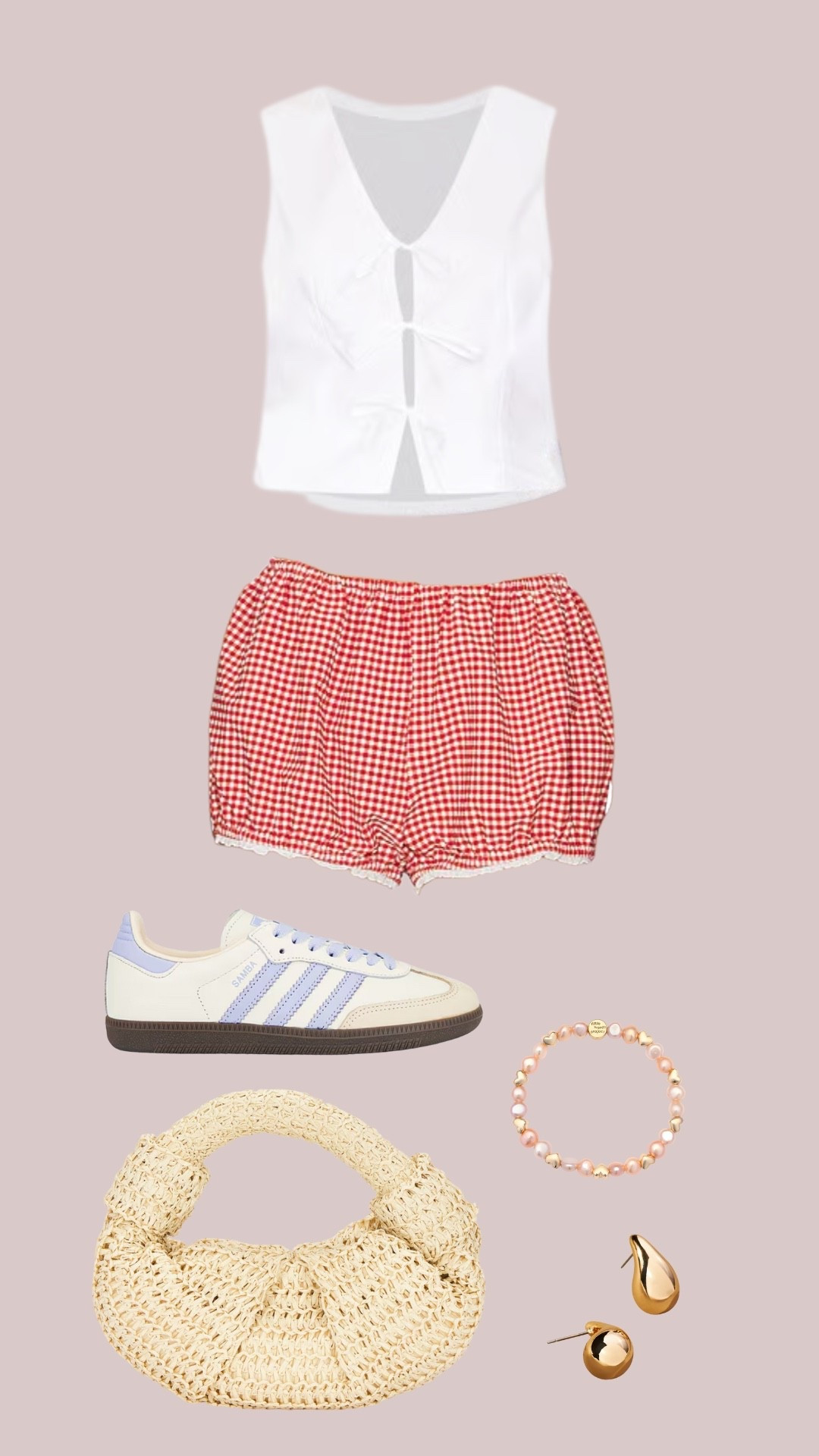 Fourth of July Outfit Summer Date Concert 

Ruby Short in Red Gingham
Lovers and Friends

Raffia Lopsy Bag in Milk
SIMONMILLER

Aliza Top in White
Steve Madden

Samba OG in Cream White, Violet Tone, & Sand Strata
adidas Originals

The Petra Mini Drop Earrings

Pink Hearts by the Pearl Bracelet Base

red gingham shorts, fourth of july outfit, summer date outfit, concert outfit ideas, red white outfit, picnic date outfit, summer fashion inspo, holiday weekend look, cute casual summer outfit, adidas samba outfit, raffia bag summer, white crop top style, pearl bracelet stack, patriotic outfit ideas, gingham shorts outfit

#LTKStyleTip #LTKParties #LTKU