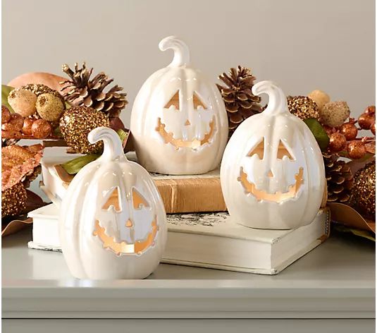 Set of 3 Illuminated Ceramic Jack-O-Lanterns by Valerie - QVC.com | QVC