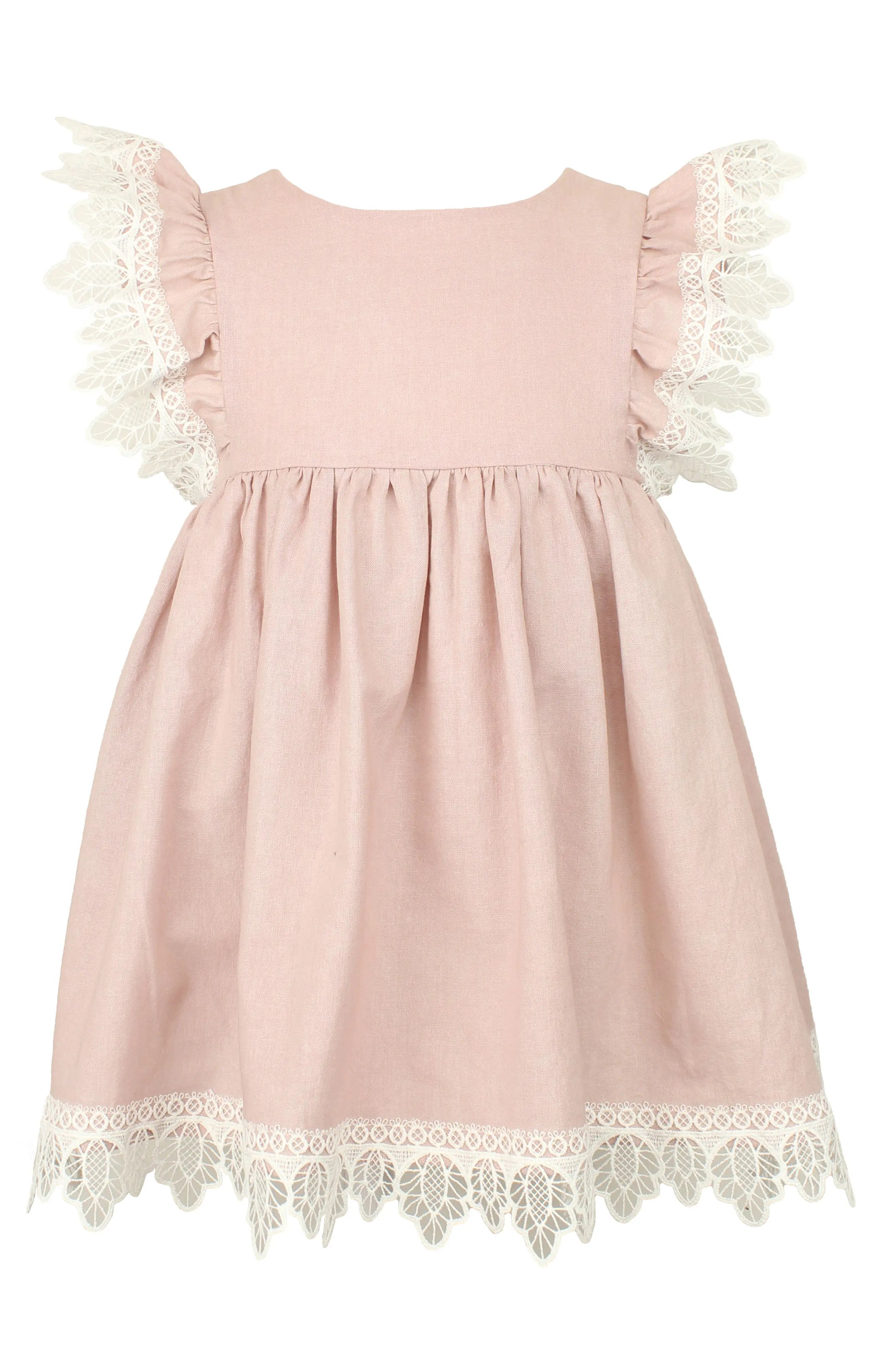 Infant Girl's Popatu Flutter Sleeve Lace Trim Dress, Size 18M - Pink | Nordstrom