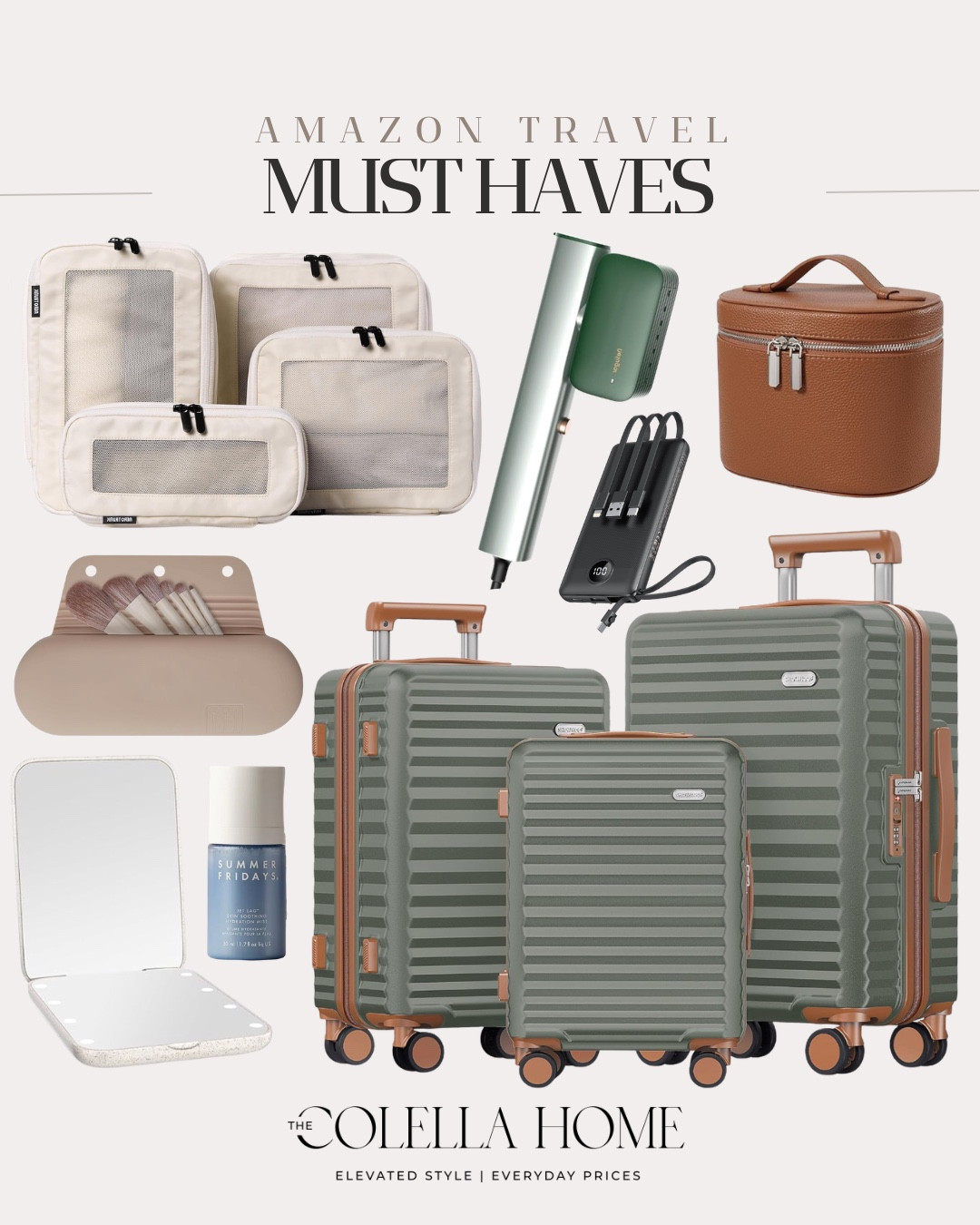 Travel must haves include suitcases, makeup case, travel steamer, power bank, makeup brush case, packing cubes, face mist, and travel mirror.

Travel must haves, spring break, looks for less

#LTKTravel #LTKvlog #LTKSeasonal