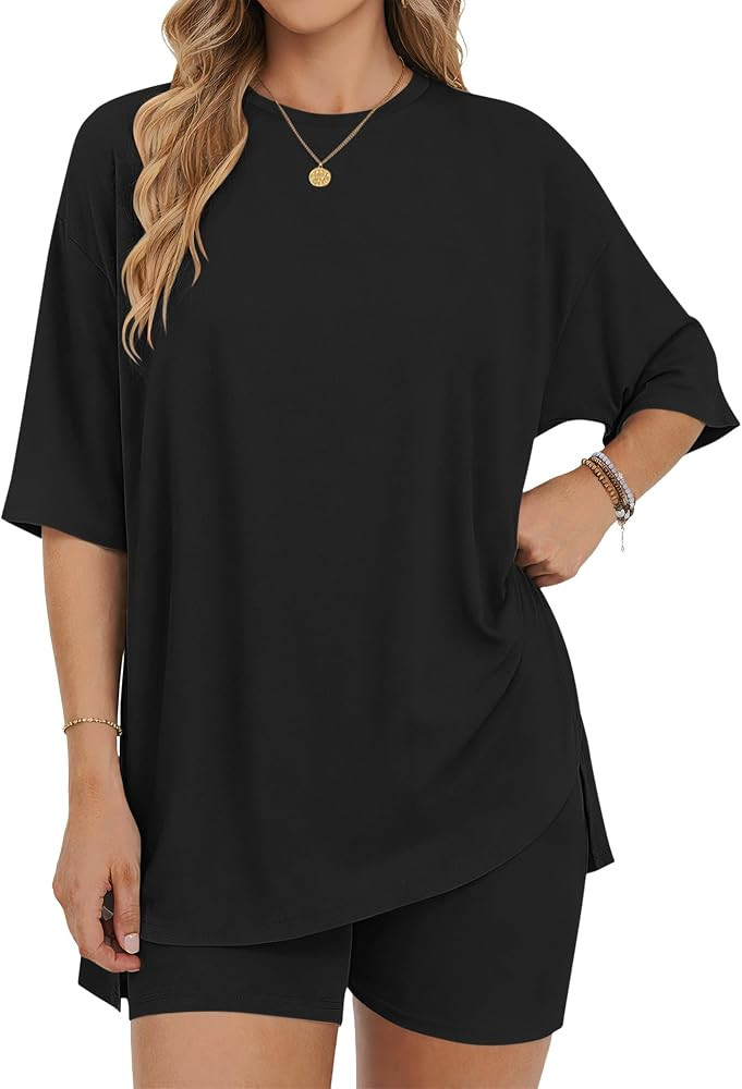 AUSELILY Women's Two Piece Lounge Set Summer Crew Neck Short Sleeve Oversized Shorts Set Matching... | Amazon (US)
