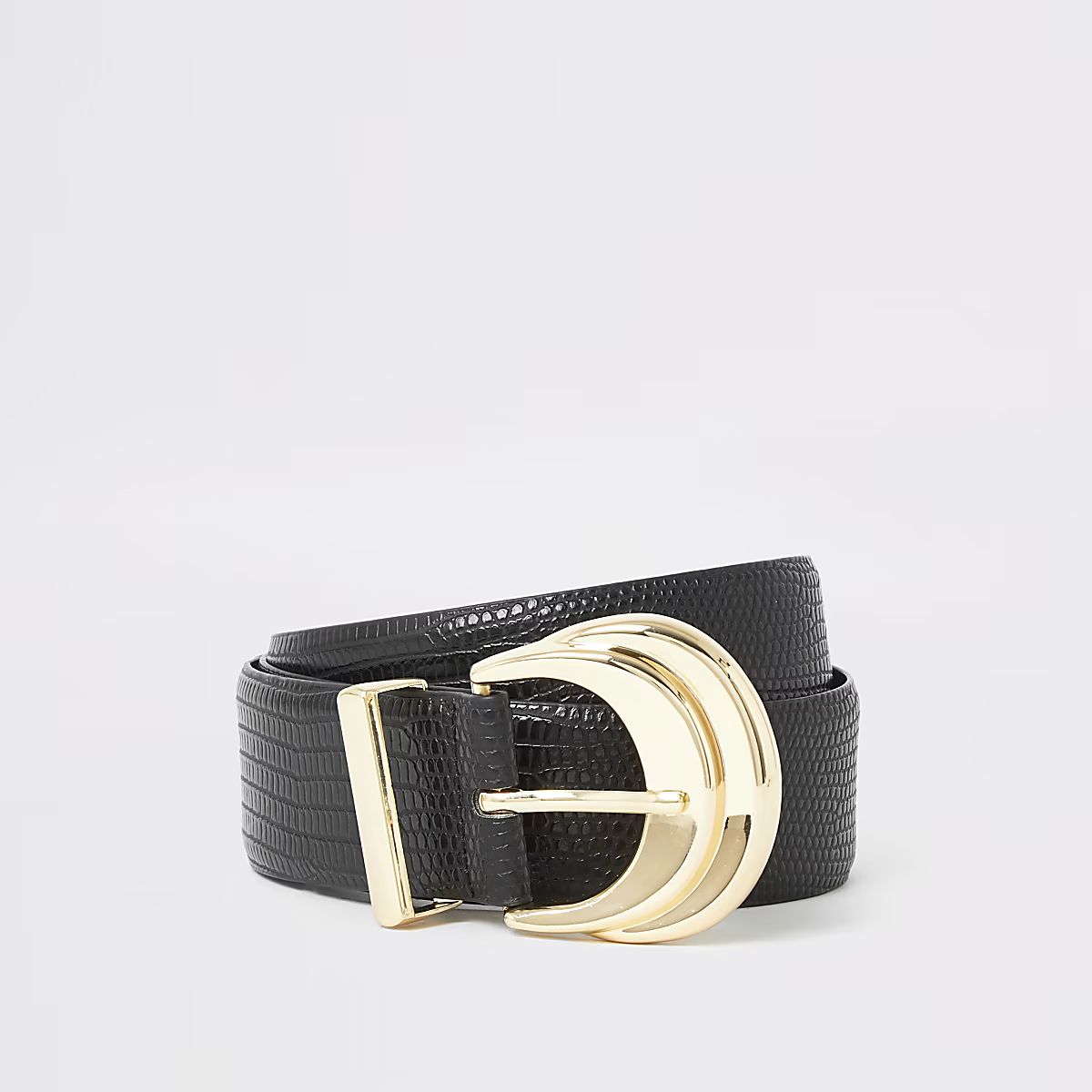 Black double layered buckle embossed belt | River Island (UK & IE)