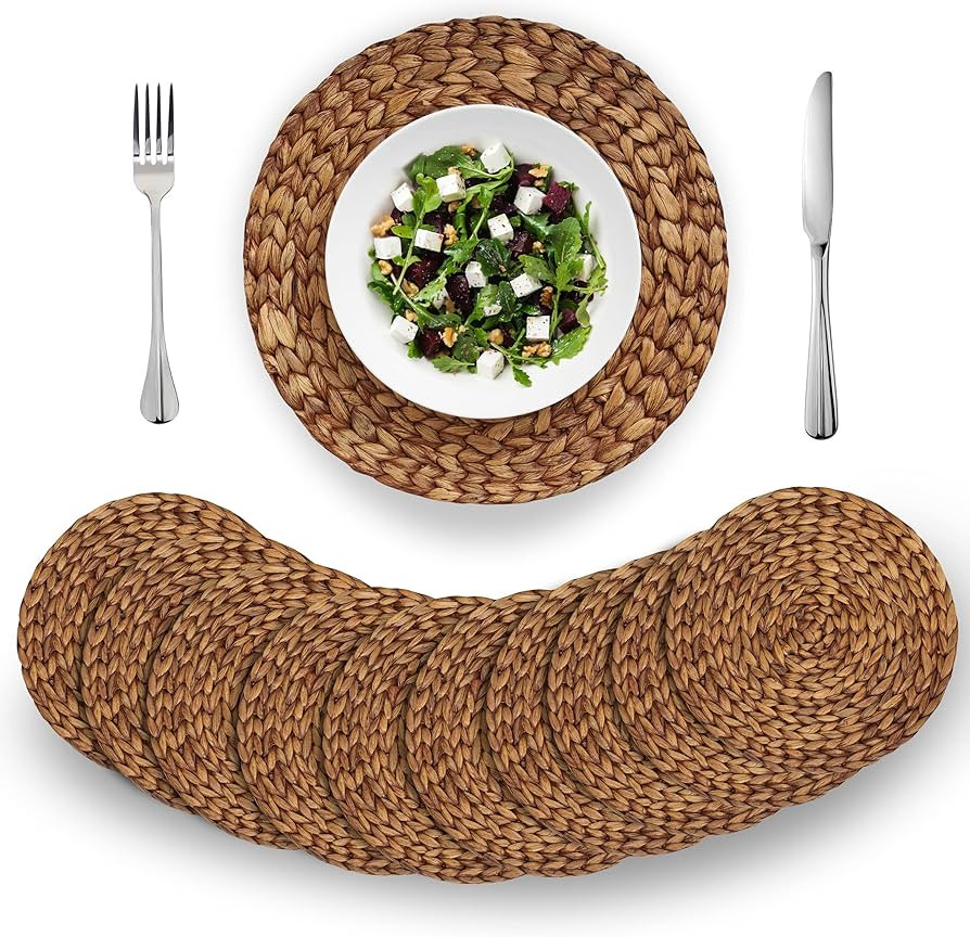 (4 Sizes: 12"-13"-14"-15") BARIEN Brown Woven Placemats Round Set of 10, Natural Water Hyacinth W... | Amazon (US)