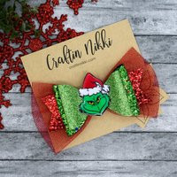 Limited Time The Green Grinch Santa Fine Glitter & Tulle Hair Bow Clip | Character Inspired | Etsy (US)