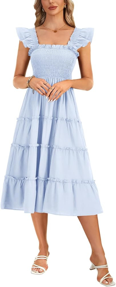 Rooscier Women's Smocked A Line Dress Square Neck Ruffle Sleeveless Tiered Midi Sundress | Amazon (US)