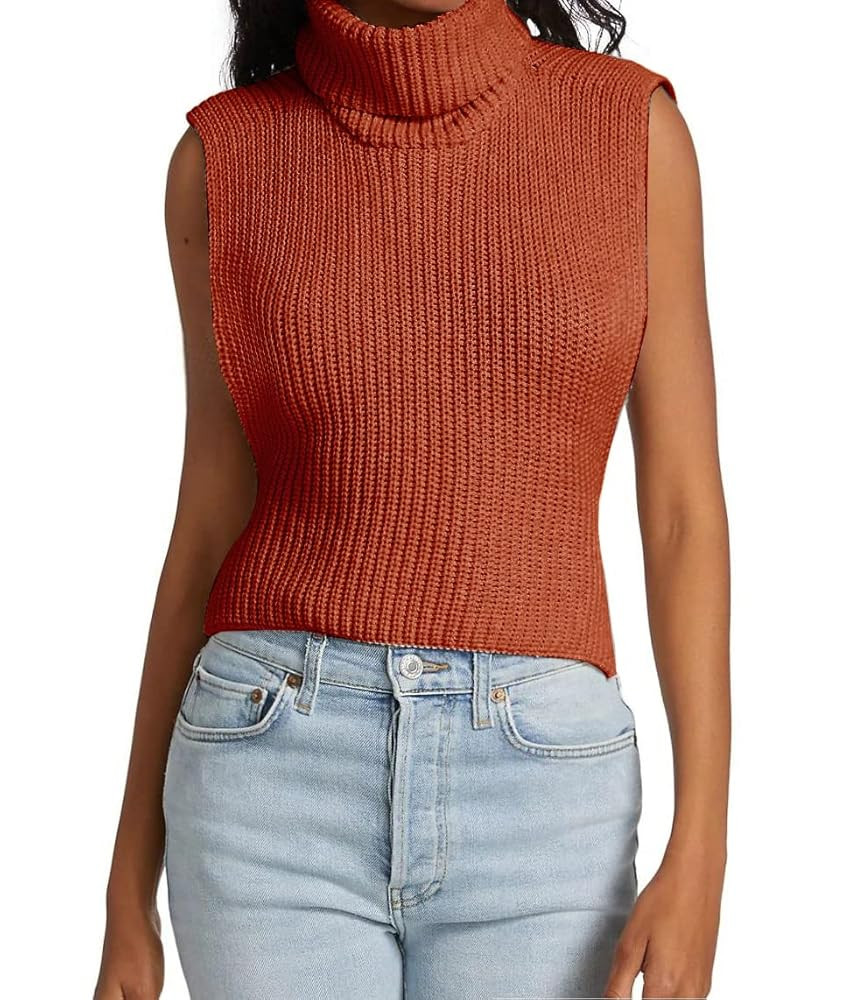 Womens Sleeveless Sweater Vest Turtleneck Ribbed Knit Tank Tops Basic Slim Fit Top | Amazon (US)