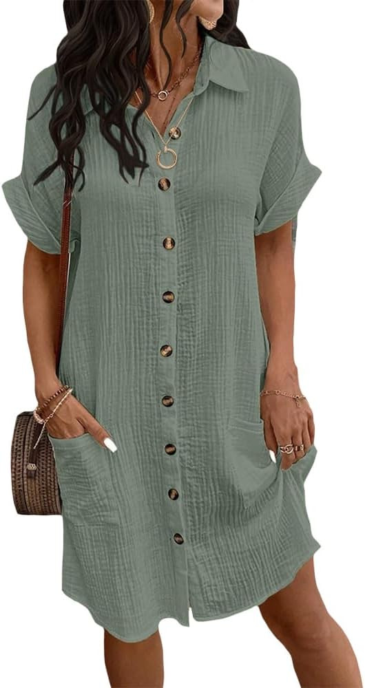 Womens Summer Casual Short Sleeve Shirt Dress Loose V Neck Button Down Beach Sundress with Pocket... | Amazon (US)