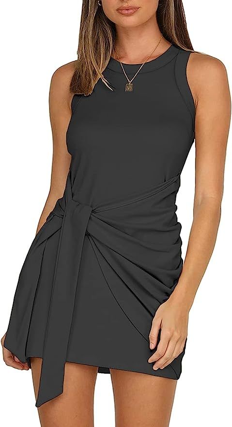 LIYOHON Women's Summer Casual Beach Dress Sleeveless Ruched Tie Tank Bodycon Wrap Mini Dresses | Amazon (US)