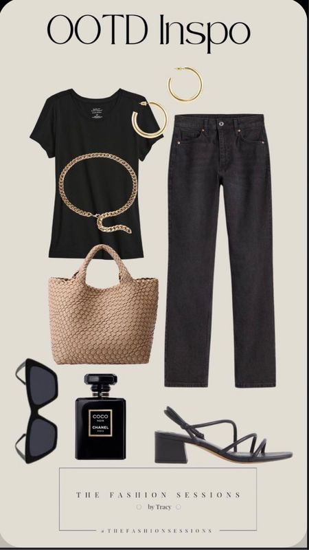 Black Jeans | Spring Outfit | Neutral Colors | Black T Shirt | Heeled Sandal | Woven Tote Bag