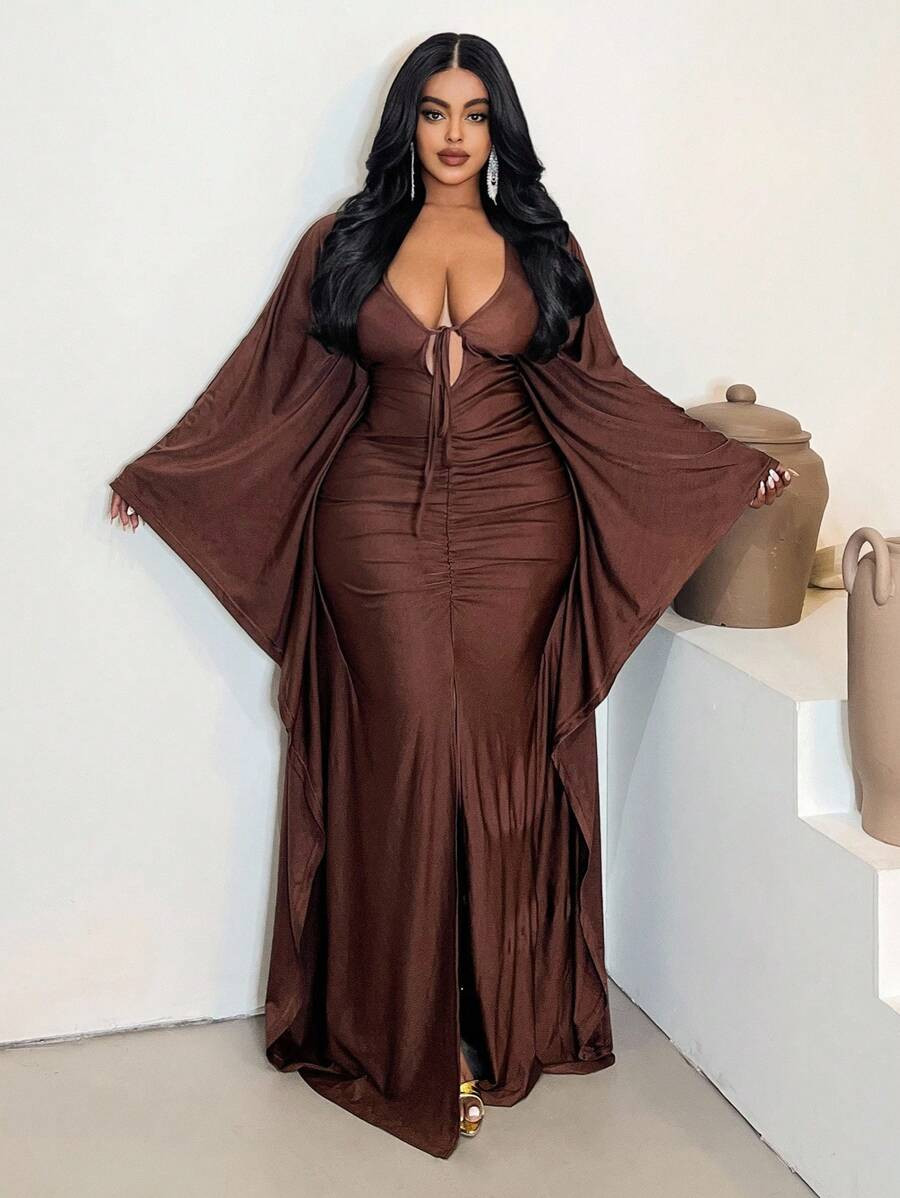 Maweii Plus Size Deep V-Neck Casual Elegant Split Hem Fitted Dress Fall Cloth For Women | SHEIN