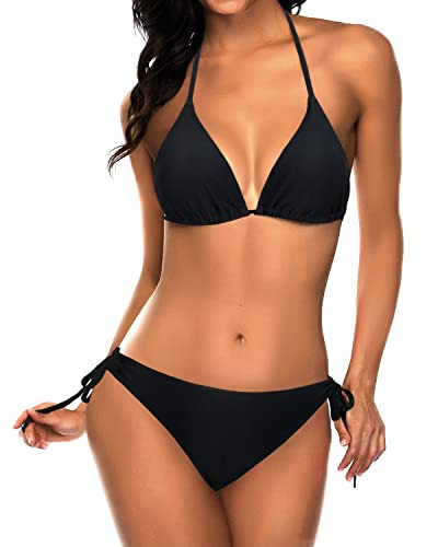 Tempt Me Women Black Triangle Bikini Sets Halter Two Piece Sexy Swimsuit String Tie Side Bathing Suit S | Amazon (US)