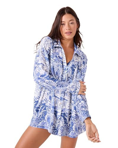 Roxy Women's Swimsuit Bikini Cover Up Button Down Shirt for Beach, Poolside, Resort Wear, Bijou Blue, XX-Large | Amazon (US)