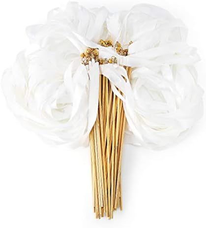 50pcs Ribbon Stick Wands Off White Streamers with Gold Bells for Wedding Party Favors for Guests | Amazon (US)