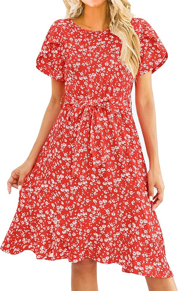 ZOWODO Womens Casual Short Sleeve Crew Neck Wrap Ruffle Polka Dot Print Belted Swing Midi Dress w... | Amazon (US)