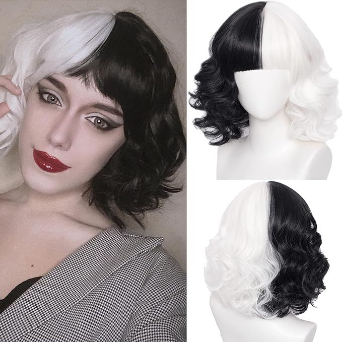 Uniquebe Cruella Wig Adult Black and White Wig 12" Short Bob Wigs with Bangs for Women Halloween ... | Amazon (US)