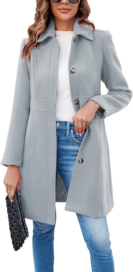 Fisoew Womens Elegant Single Breasted Coat Long Sleeve Mid Winter Overcoat Work Office Pea Coats | Amazon (US)