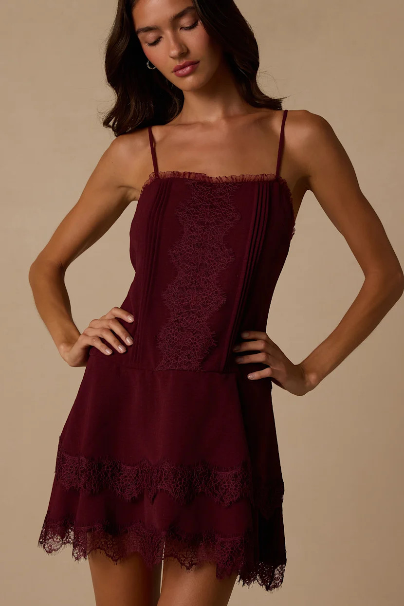 Sahima Wine Red Lace Tiered Mini Dress | Lulus