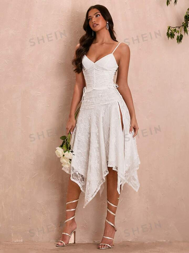 SHEIN BAE Summer White Lace Asymmetrical Skirt With Sheer Details And High Slit, Elegant And Sexy... | SHEIN