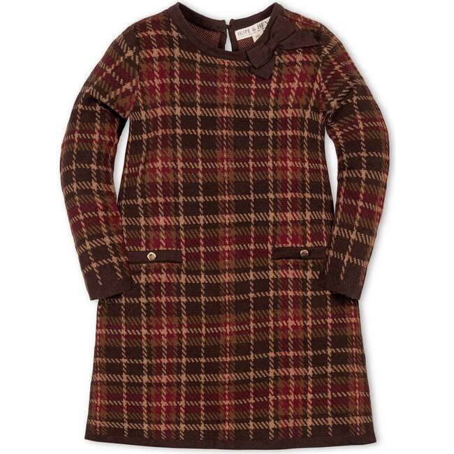 Hope & Henry | Organic Long Sleeve Bow Detail Intarsia Sweater Dress, Fireside Plaid | Organic Cotton (Brown, Size 4Y) | Maisonette | Maisonette