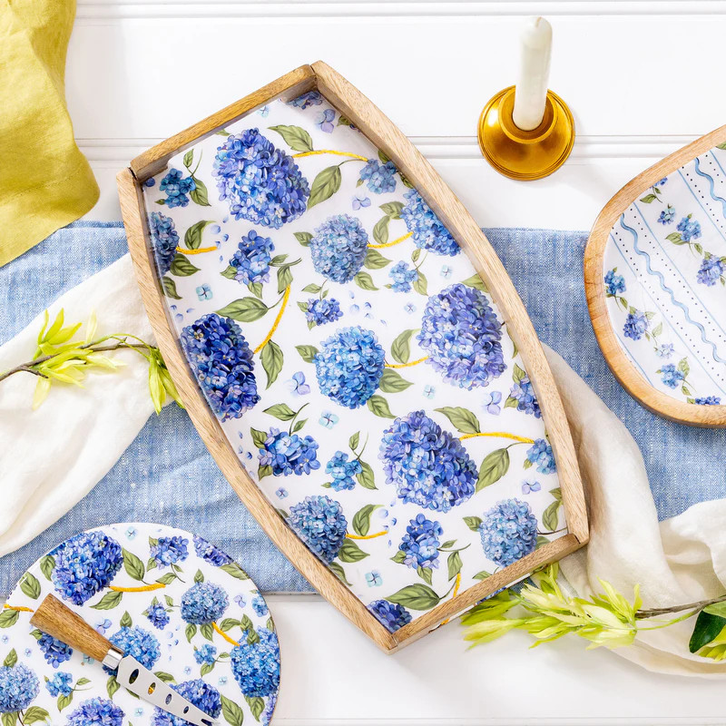 VivaStyle Serveware, Wood Serving Tray with Handles, Hydrangea, 15"L | Plow & Hearth