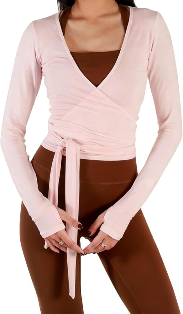 Women's Ballet Wrap Tops V Neck Long Sleeve Self Tie Slim Fit Workout Pilates Yoga Tops Dance Shi... | Amazon (US)