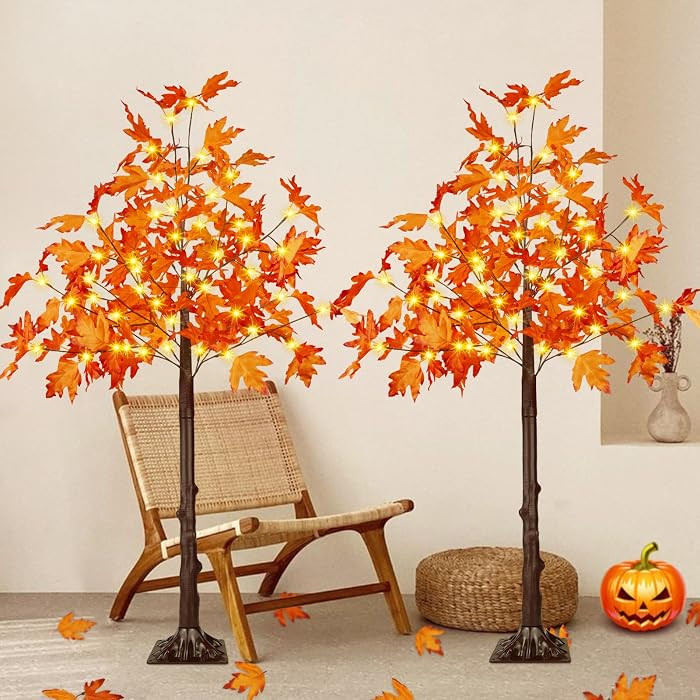 2 Pack 4FT Artificial Lighted Maple Tree, Thanksgiving Decorations for Home with Timer, 100 LED Prelit Fall Decor Maple Tree with Warm White Light for Indoor Outdoor Harvest Thanksgiving Day, Orange | Amazon (US)