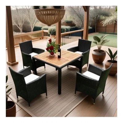 5 piece Outdoor Patio Wicker Dining Set Patio Wicker Furniture Dining Set w/Acacia Wood Top Black Wicker + Creme Cushion | Wayfair North America