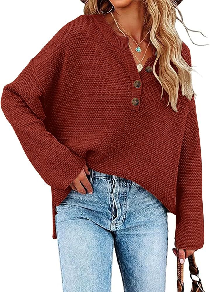 KTILG Women's Fall Oversized Sweaters 2023 Casual V Neck Ribbed Knit Button Up Pullover Sweater S... | Amazon (US)