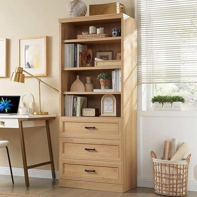 72" Tall Farmhouse Bookshelf, 30" Wide Large Modern Wooden Storage Cabinet w/2 Adjustable Shelves... | Amazon (US)