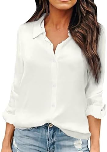 OMSJ Women Button Down Shirts Long Sleeve Chiffon Office V Neck Casual Business Blouses Tops | Amazon (US)